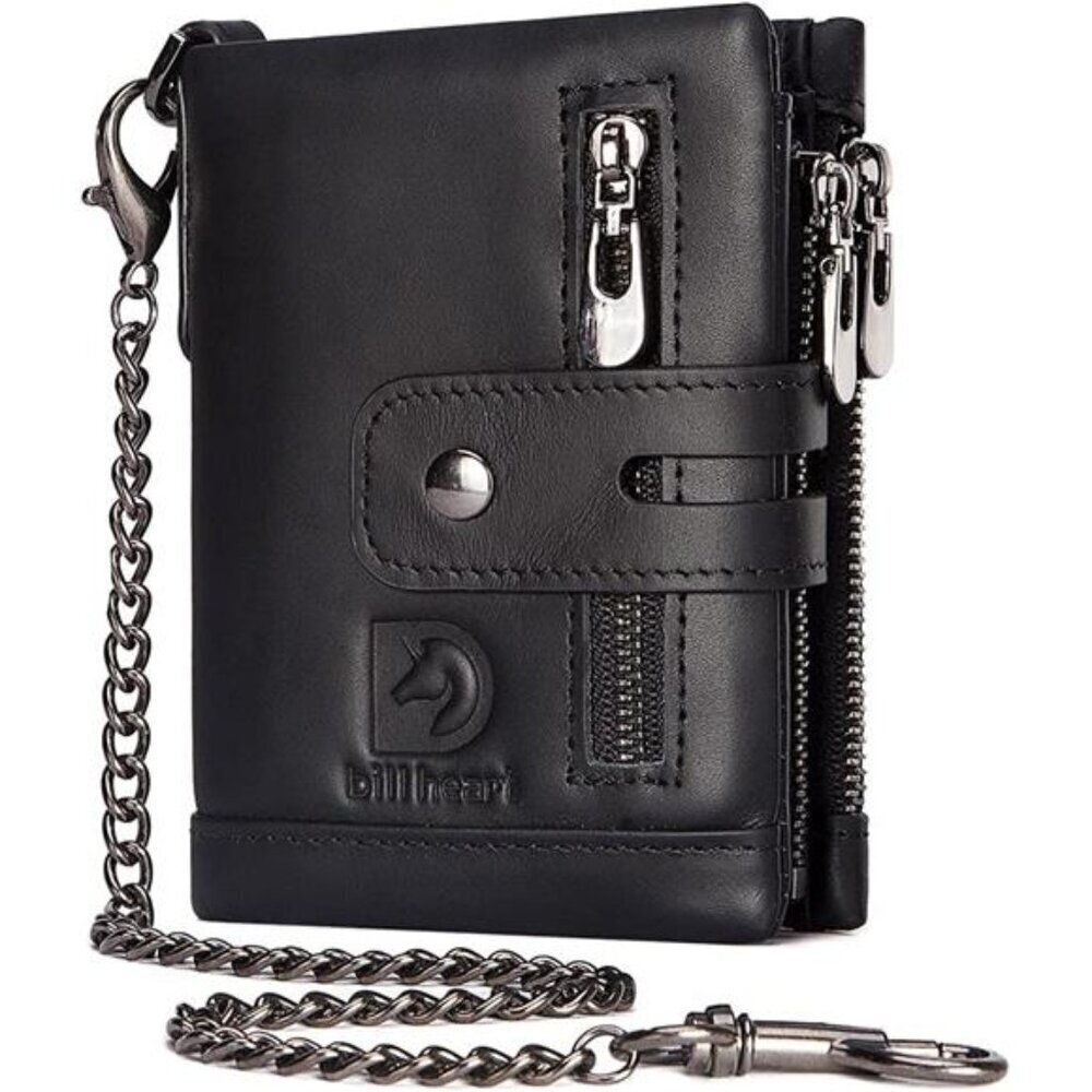 Mens Wallet with Chain Genuine Leather Purse RFID Blocking Bifold Double